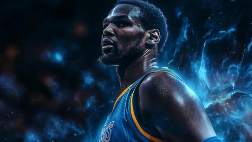 Electric energy surrounds a focused basketball player in motion