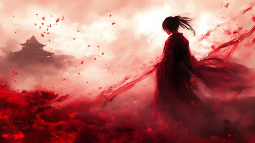 Solitary swordbearer in crimson mist before distant pagoda