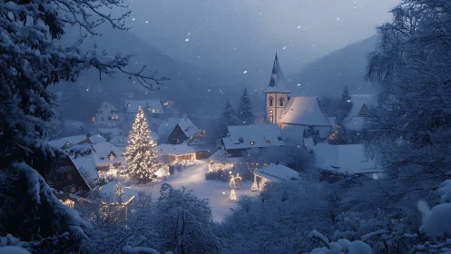 Snowy village Christmas lights glowing in a winter hush.