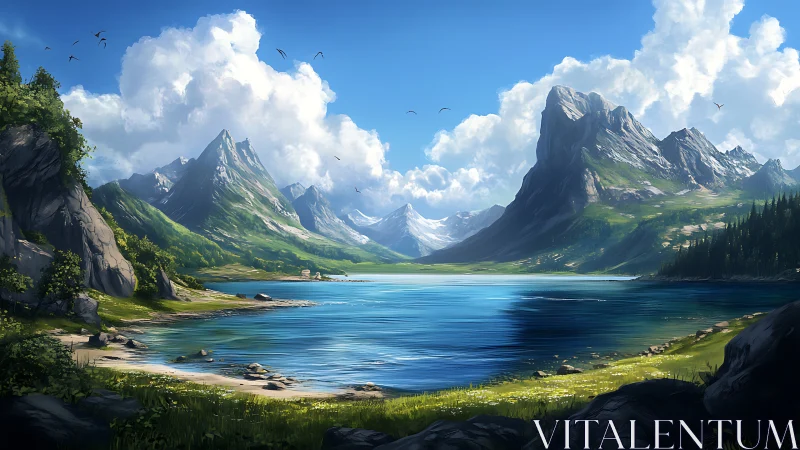 Sky-dancing peaks guarding a glassy blue mountain lake.