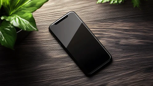 Sleek Smartphone Rests on Dark Wood Surface