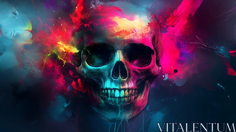 Neon chromatic skull with explosive abstract color field.