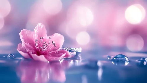 Pink Blossom Dancing in Crystalline Water Drops.