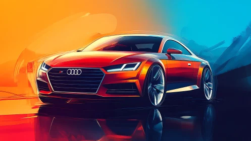 Crimson sports coupe gliding through neon sunset hues.