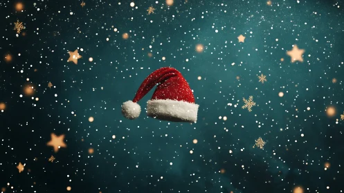 Cozy Santa hat drifting through a starry winter night.