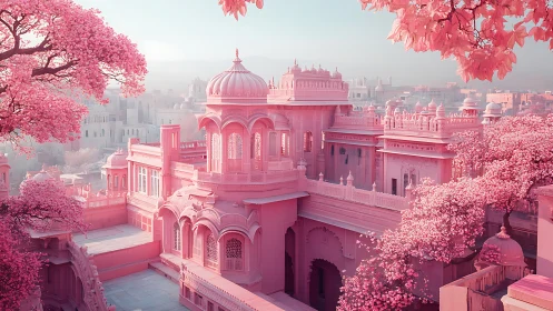 Dreamy pink palace gardens drifting in soft morning light.