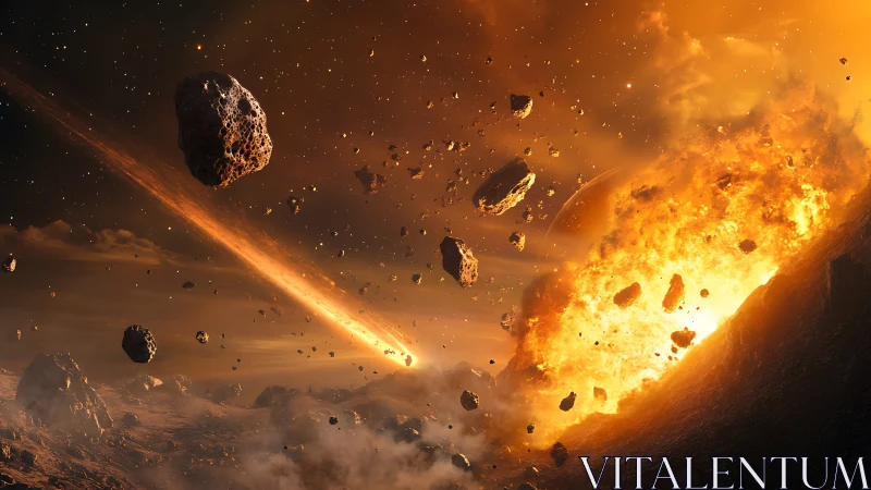 Blazing asteroid storm over a restless alien horizon.