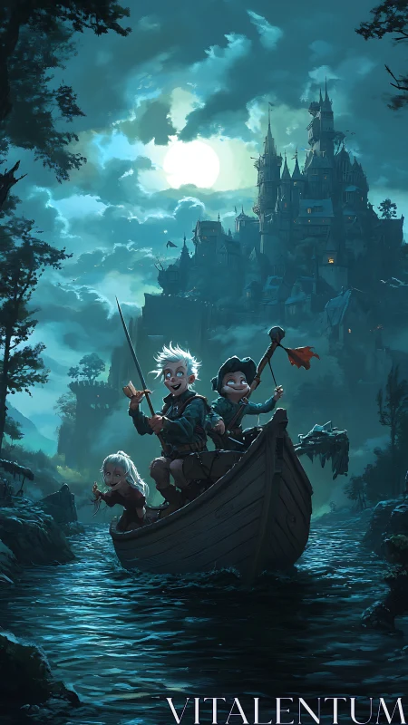 Young adventurers row moonlit river toward looming castle