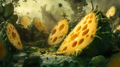 Surreal cheese-fruit landscape with sliced organic forms.