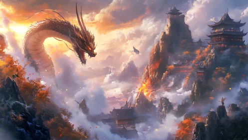 Fiery sky dragon guarding misty mountain temples at dawn.