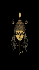 Golden divine face with spear and ornate crown motif.