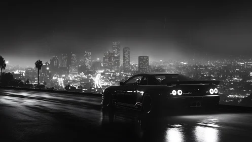 Night skyline glows as sleek sports car surveys rainy cityscape.