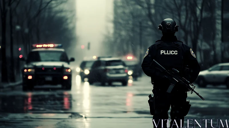 Armed urban response officer silhouetted in wet dusk street.