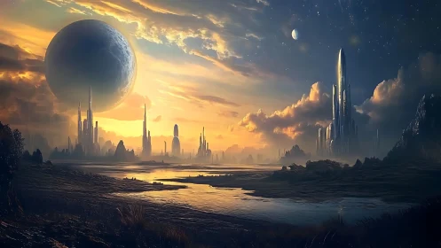 Twin planets hover above luminous futuristic skyline.