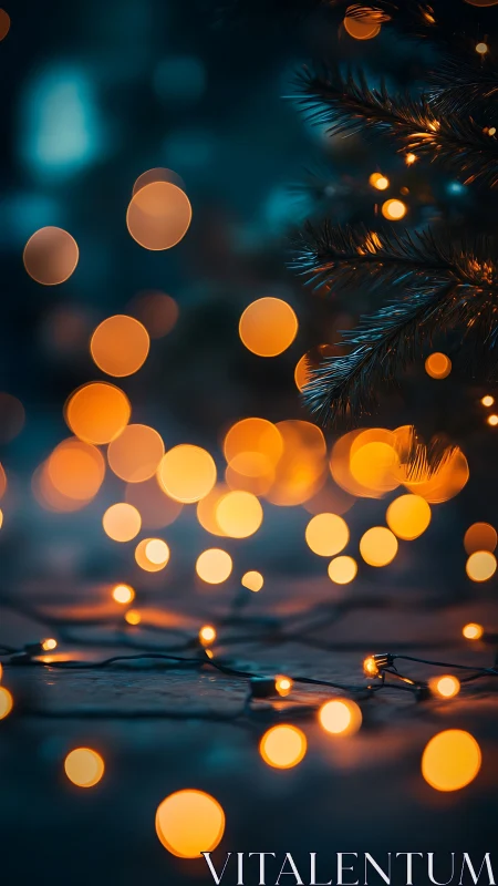 Photorealistic bokeh lights with evergreen branch framing depth.