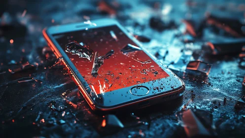 Impact-fractured smartphone display with suspended glass shards.