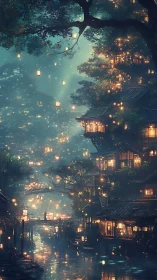 Lanternriver Haven under Whispering Treehouses at Dusk.