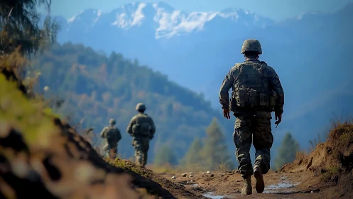 Soldiers patrol mountain trail under distant snowcapped peaks