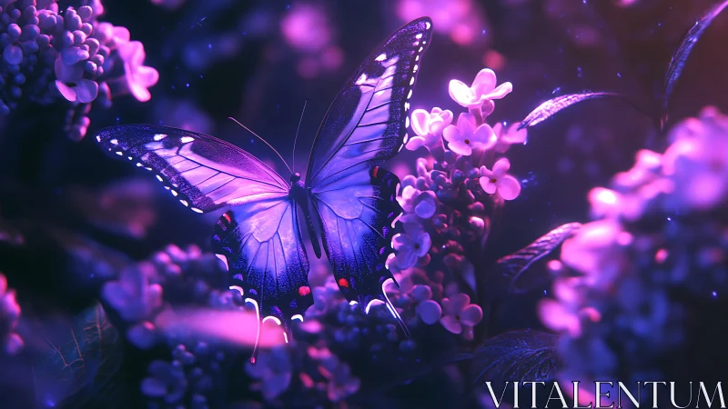 Digital painting of neon butterfly amid luminous blossoms.