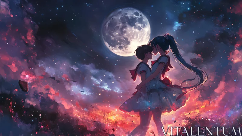 Moonlit anime lovers embrace in a radiant cosmic night sky
