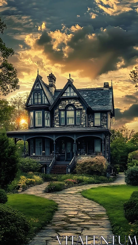 Gothic Victorian manor rendered in dramatic sunset lighting