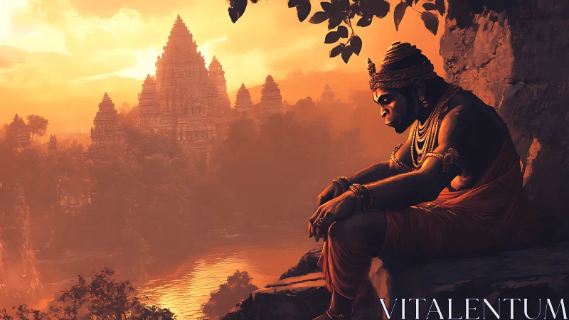Contemplative monkey deity above sunlit temple river valley.
