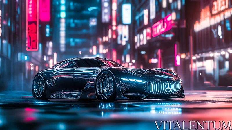 Futuristic Mercedes hypercar glows in neon cyberpunk city night.