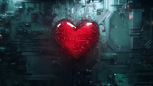 Neon heart wired into a glowing futuristic motherboard.