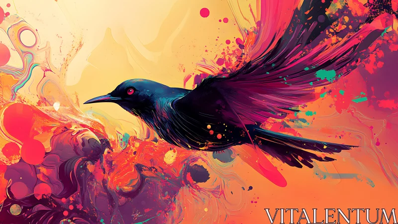 Dark bird silhouette intersects high-saturation liquid forms