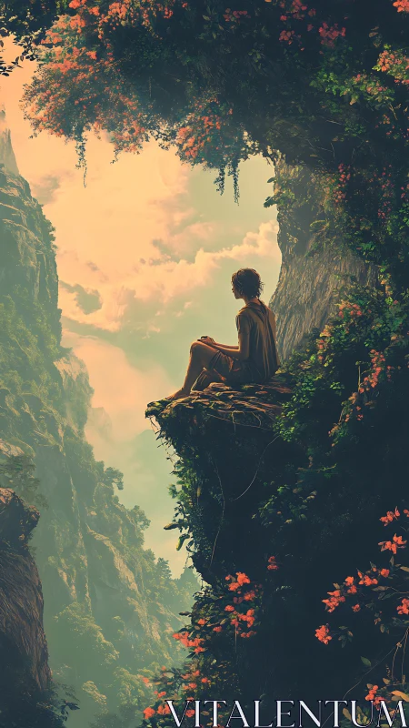 Solitary dreamer gazes across sunlit, misty canyon garden.