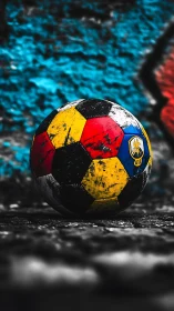 Color-splashed football rests on gritty urban pavement.