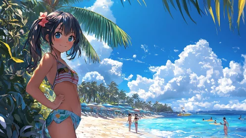 Anime-style beach scene shows girl in foreground observing shore