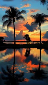 Palm trees silhouette against a glowing tropical sunset sky