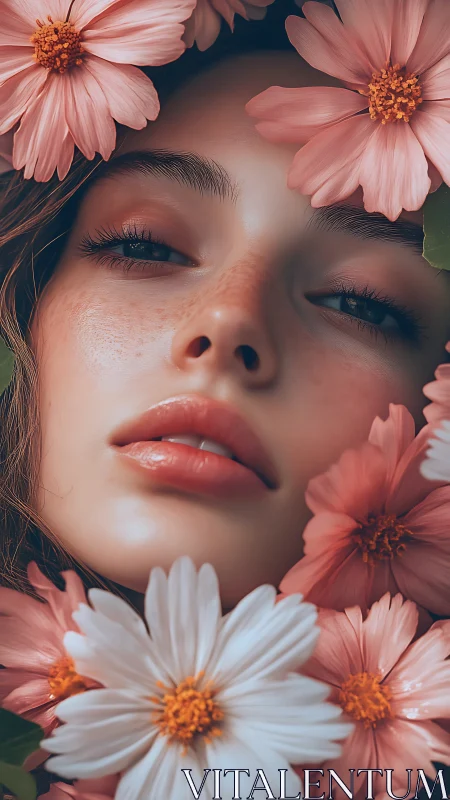 High-detail portrait of freckled face framed by layered cosmos flowers