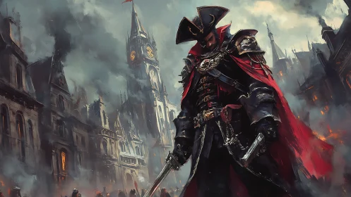 Armored warrior stands in burning city street amid smoke