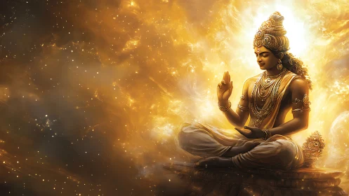 Golden cosmic deity meditates amid radiant stardust.