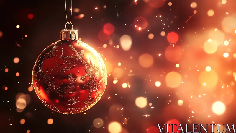 Red glass bauble glows against warm festive bokeh background
