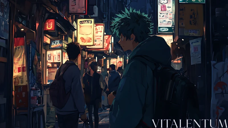 Neon alleyway with teal haired youth in hooded backpacked profile