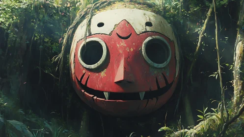 Colossal red forest mask idol with weathered painted surface.