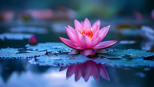 Pink water lily with vivid reflection on tranquil pond surface.