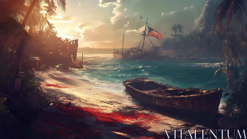 Tropical Cove with Weathered Vessels at Golden Hour.