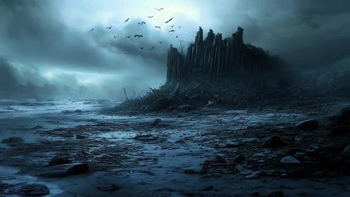 Tide of twilight washing over a crumbled seaside fortress.