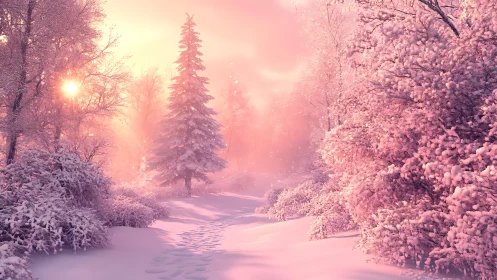 Snowy forest path glows under soft pink winter sunrise