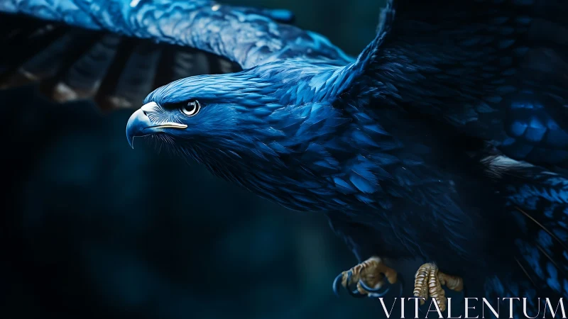 Majestic blue eagle in flight, hyper-realistic digital art style.