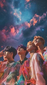 Celestial pop idols gazing into iridescent nebula sky.