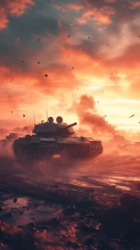 Battle tank advances through burning sunset battlefield.