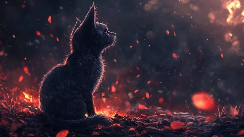Dark feline silhouette amidst incandescent particle effects.