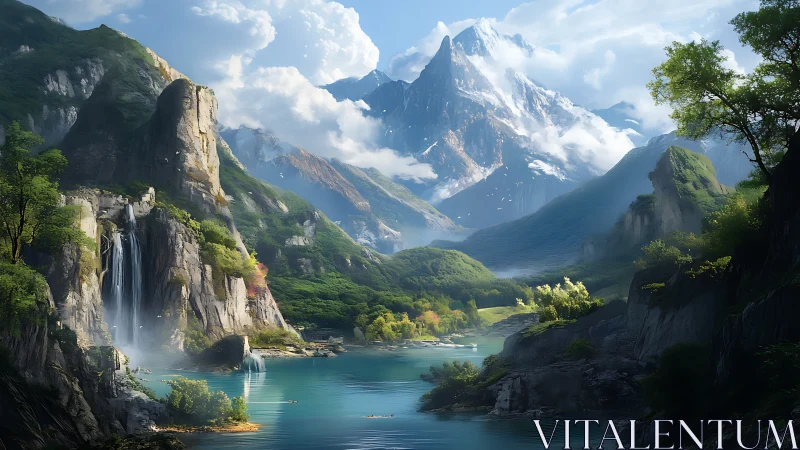 Gentle waterfalls welcome calm light over a hidden valley lake