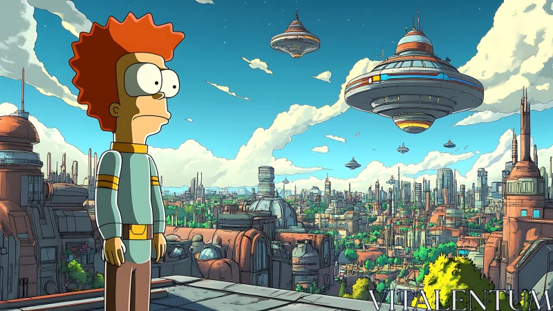 Cartoon red-haired man overlooking bright futuristic cityscape.