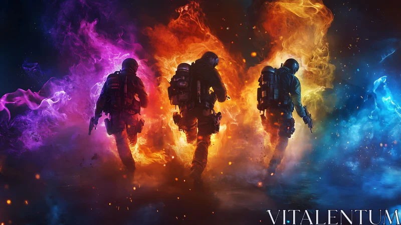 Tactical soldiers stride through neon elemental firestorm